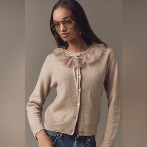 Lingua Franca Large 100% Wool Beige Tulle-Trim Brushed Wool Cardigan